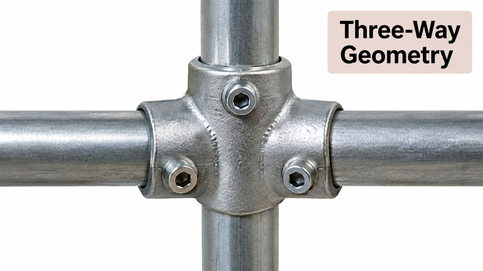 A close up view of a three-way metal pipe clamp connector joining three galvanized steel pipes together.