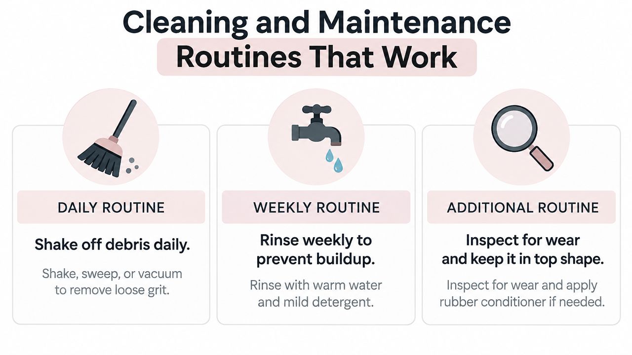 An infographic detailing daily, weekly, and maintenance routines for cleaning rubber outdoor doormats using simple icons.