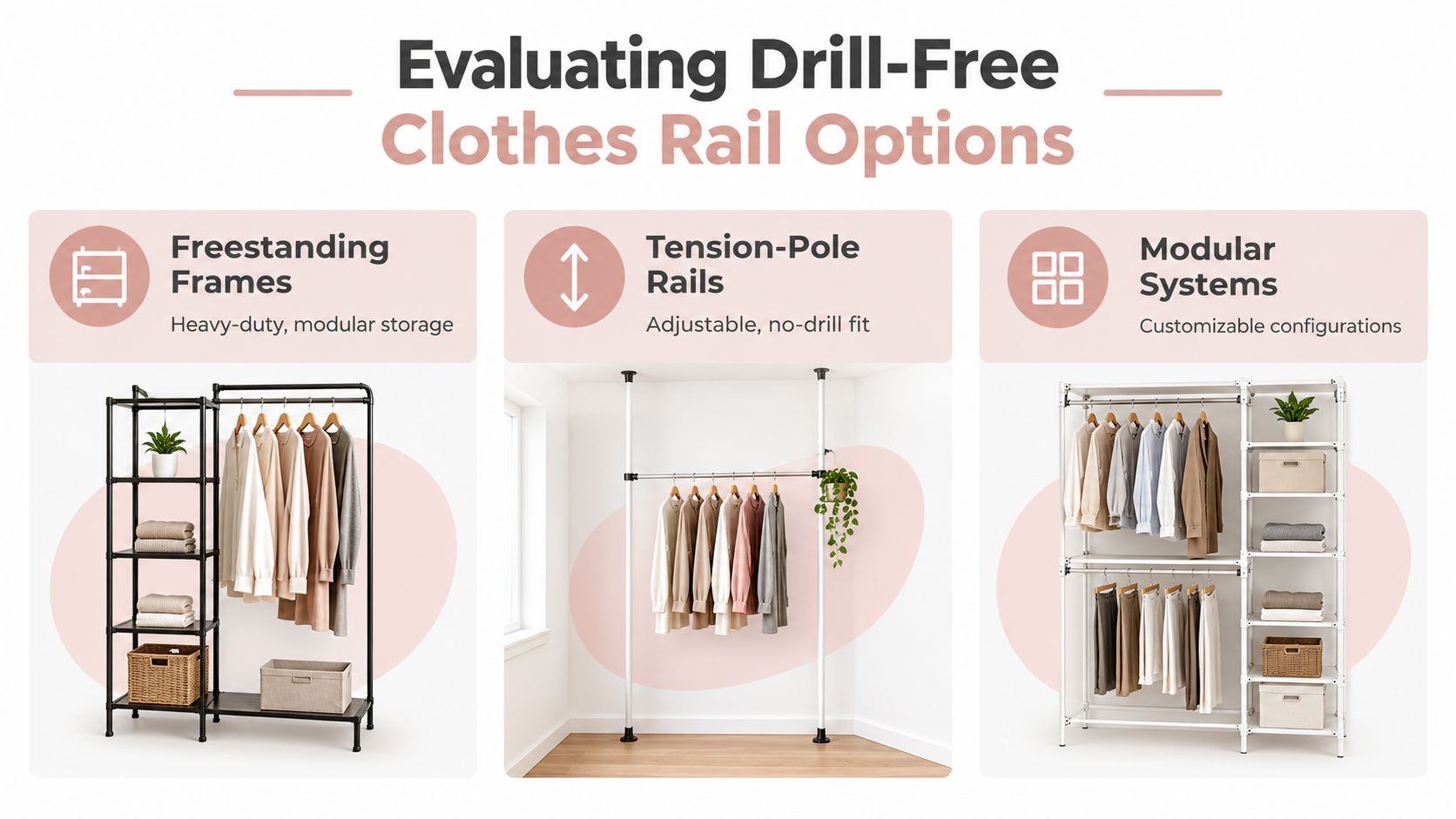 A graphic comparing three types of drill-free clothes rail options including freestanding frames, tension poles, and modular systems.