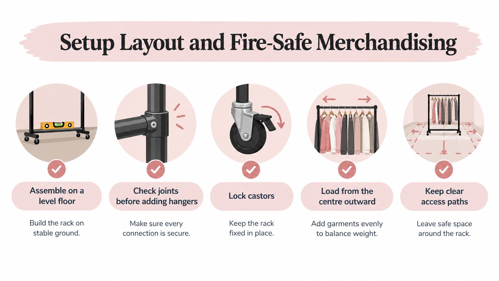 A safety infographic showing five steps for proper setup and fire-safe merchandising of a garment rack.
