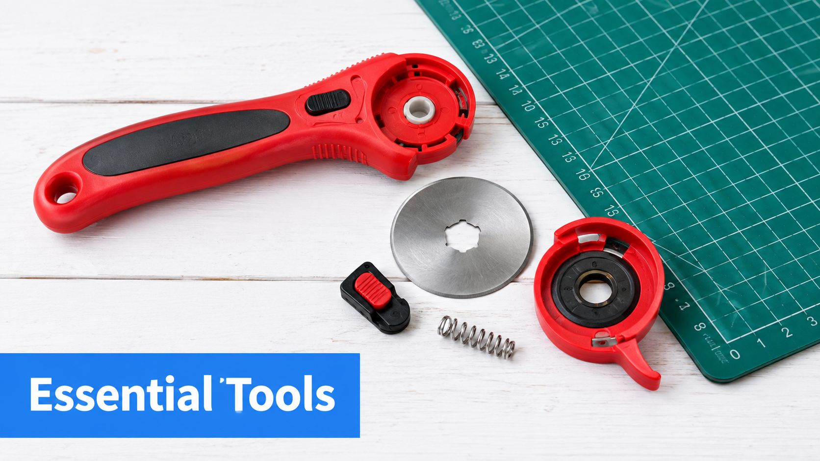 A disassembled red rotary cutter with a circular blade, spring, and cutting mat on a white background.