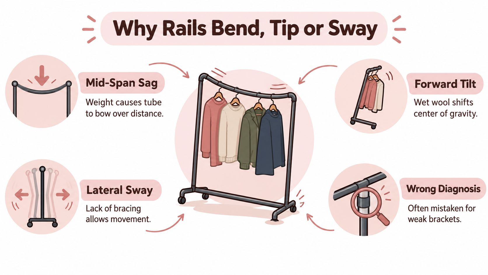 An infographic illustrating common structural issues with clothes rails including sagging, forward tilting, and lateral swaying.