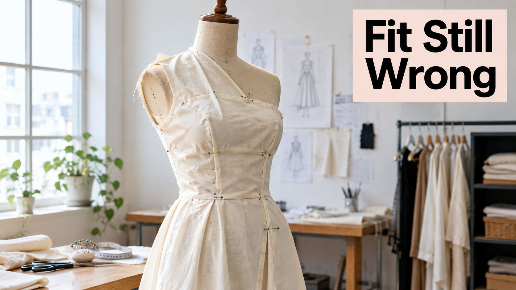 A professional dressmaking dummy displayed in a sunny sewing studio with sketches on the wall background.