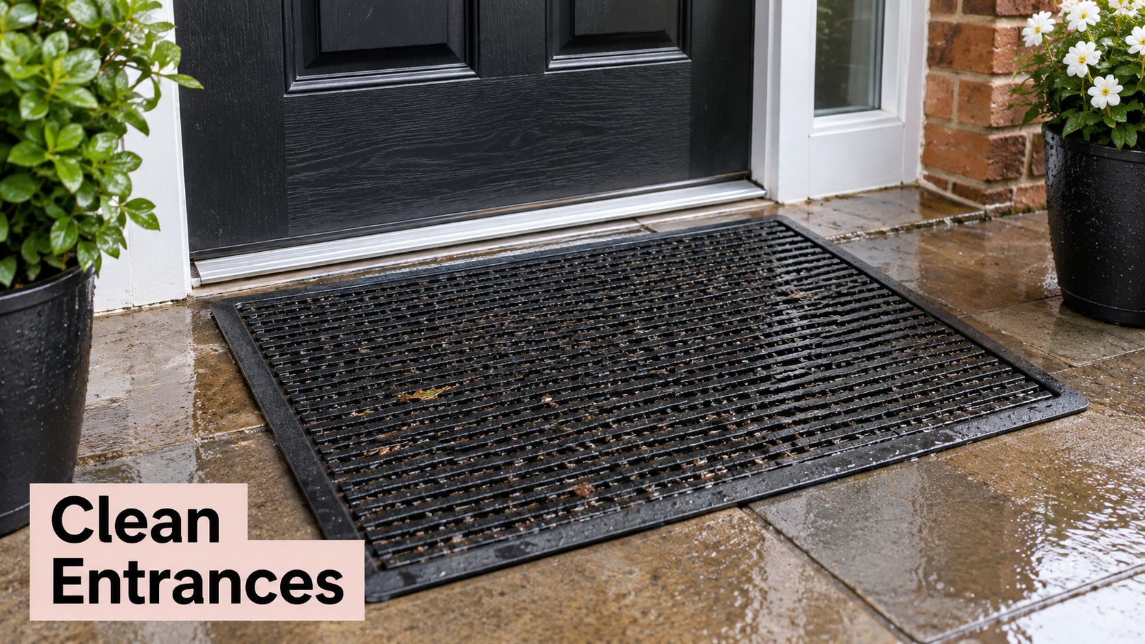 A black rubber outdoor doormat placed on a wet stone patio in front of a dark front door.