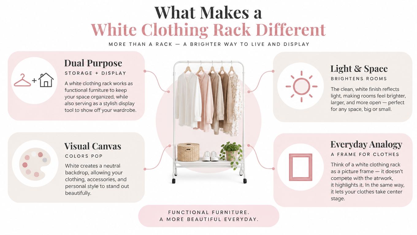 A white clothing rack display demonstrating its functional storage benefits, light-reflecting design, and neutral style aesthetic.