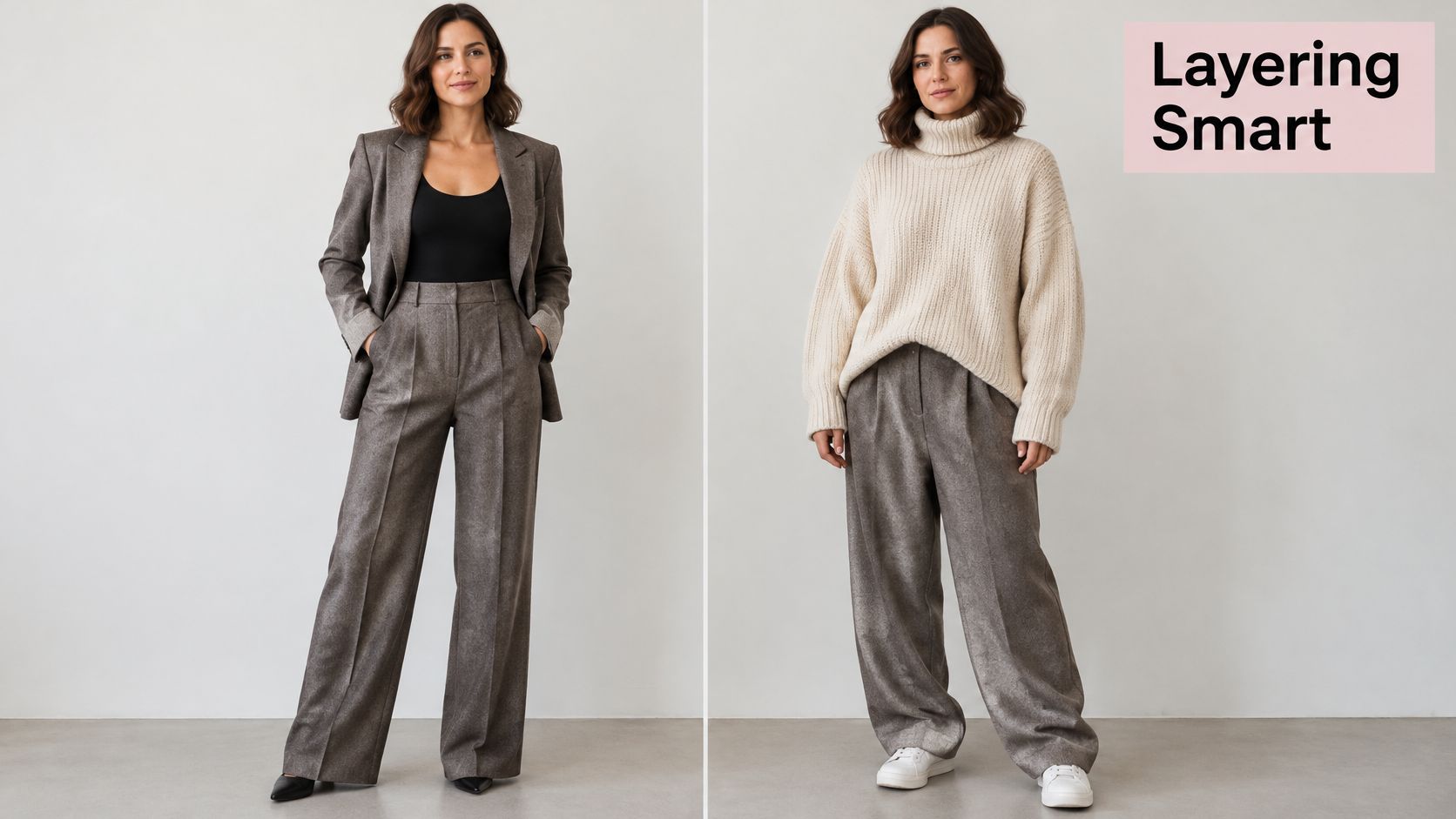A woman modeling two different professional outfits featuring the same grey wide-leg trousers for versatile styling.