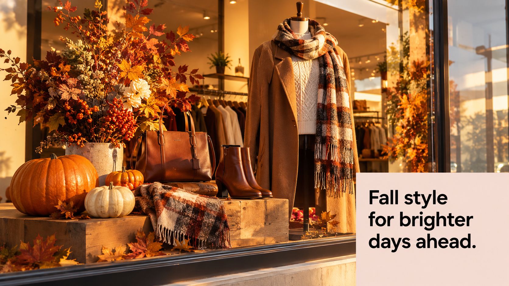 A store window display features autumn-themed decorations including pumpkins, colorful fall leaves, a handbag, boots, and clothing.