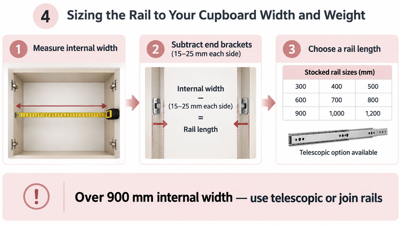 A guide on how to measure and size a hanging rail for your kitchen or bedroom cupboard.