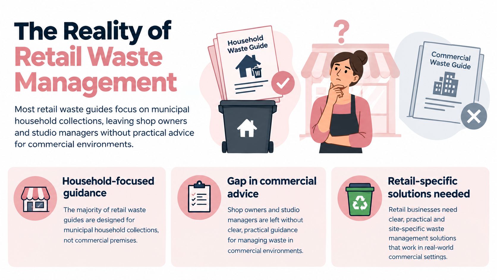 An infographic highlighting the lack of practical waste management guidance for retail business and shop owners.
