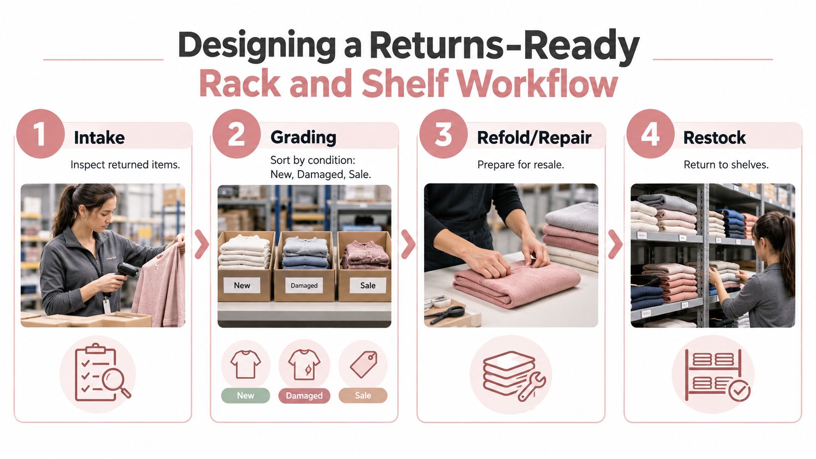 A four-step infographic illustrating a retail warehouse workflow for processing returned garments from inspection to restocking.