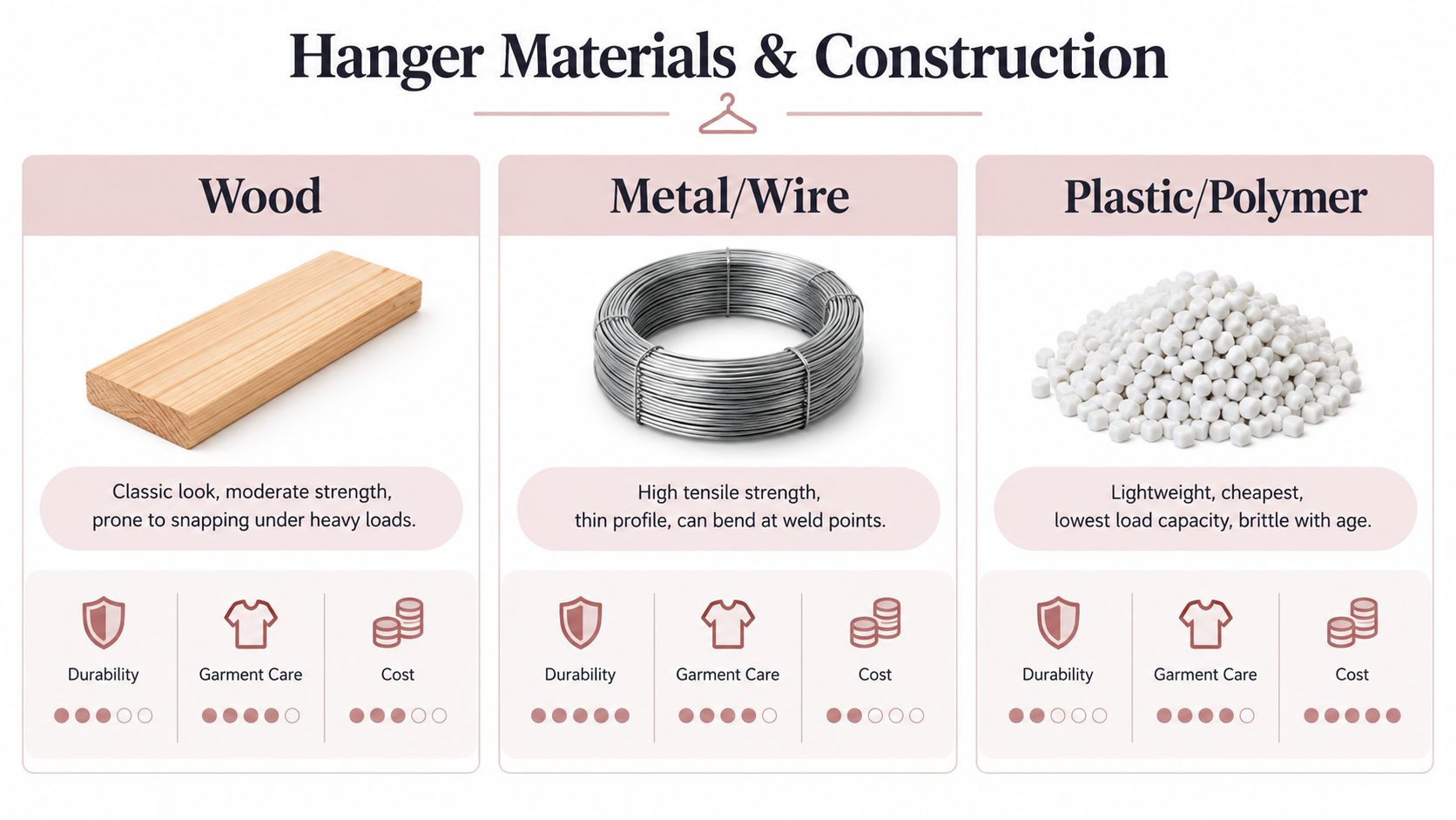 A comparison chart showing materials for heavy duty clothes hangers including wood, metal wire, and plastic pellets.