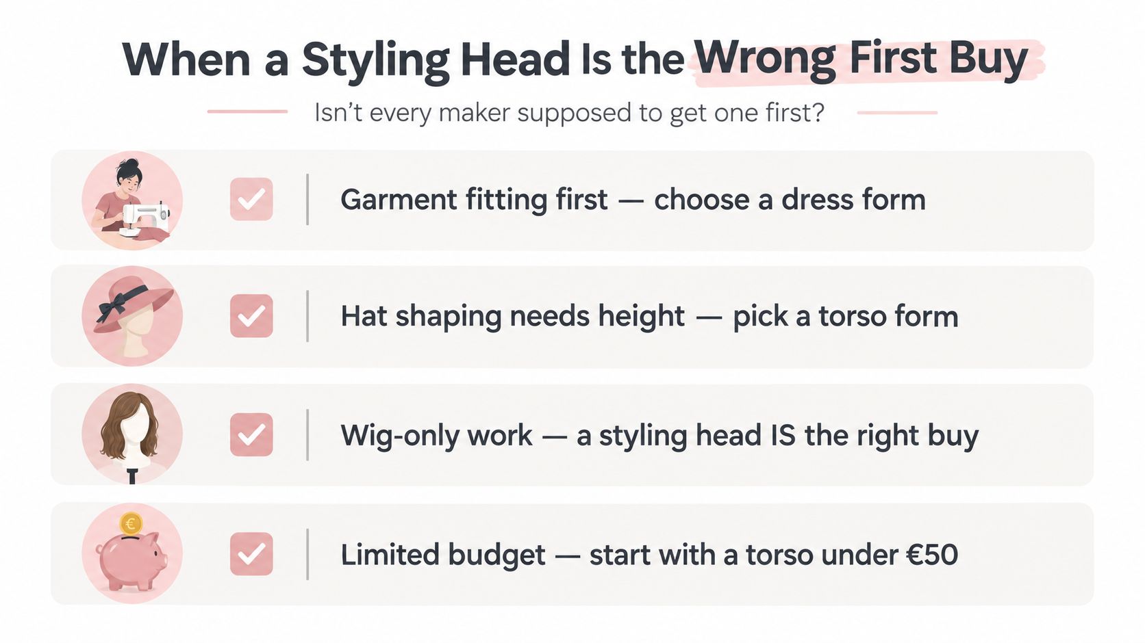A helpful infographic showing when a styling head is not the best first purchase for creative makers.