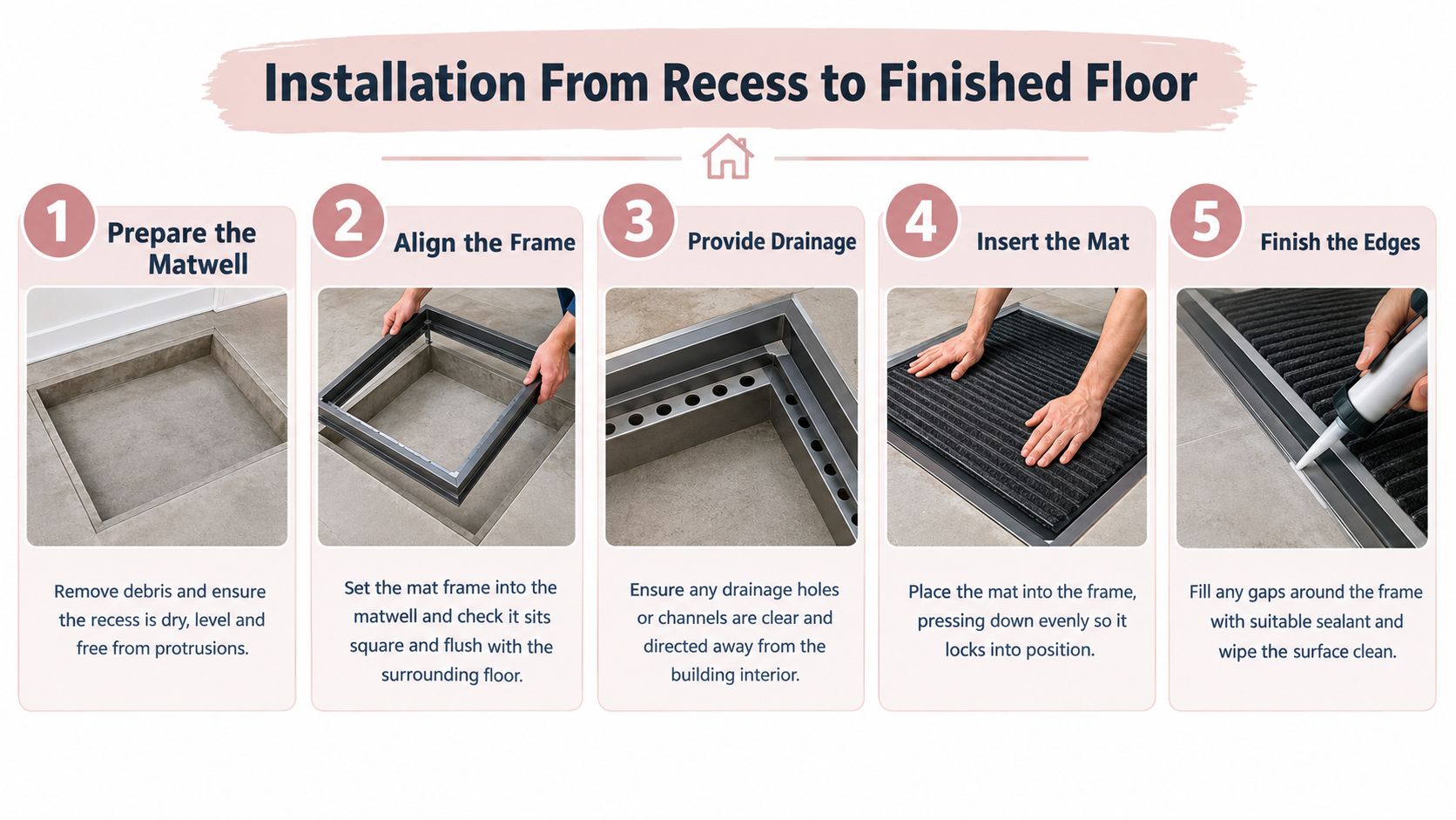 A five-step infographic showing the professional installation process of a fitted recessed matwell and frame system.