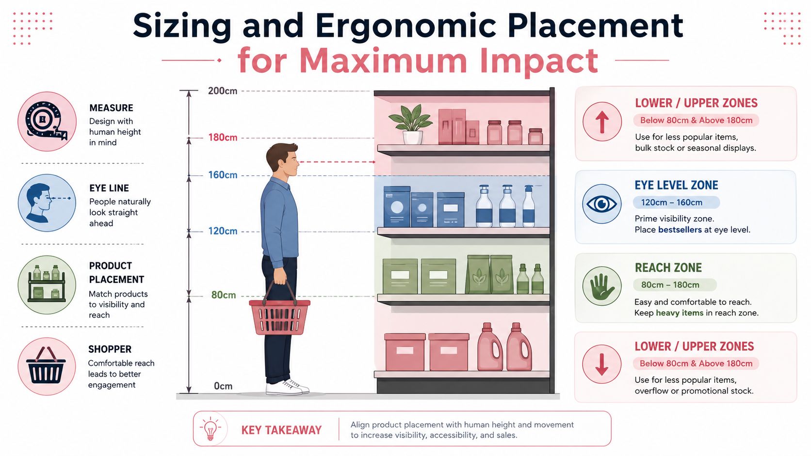 An infographic illustrating optimal retail shelf product placement based on human height and ergonomic zones.