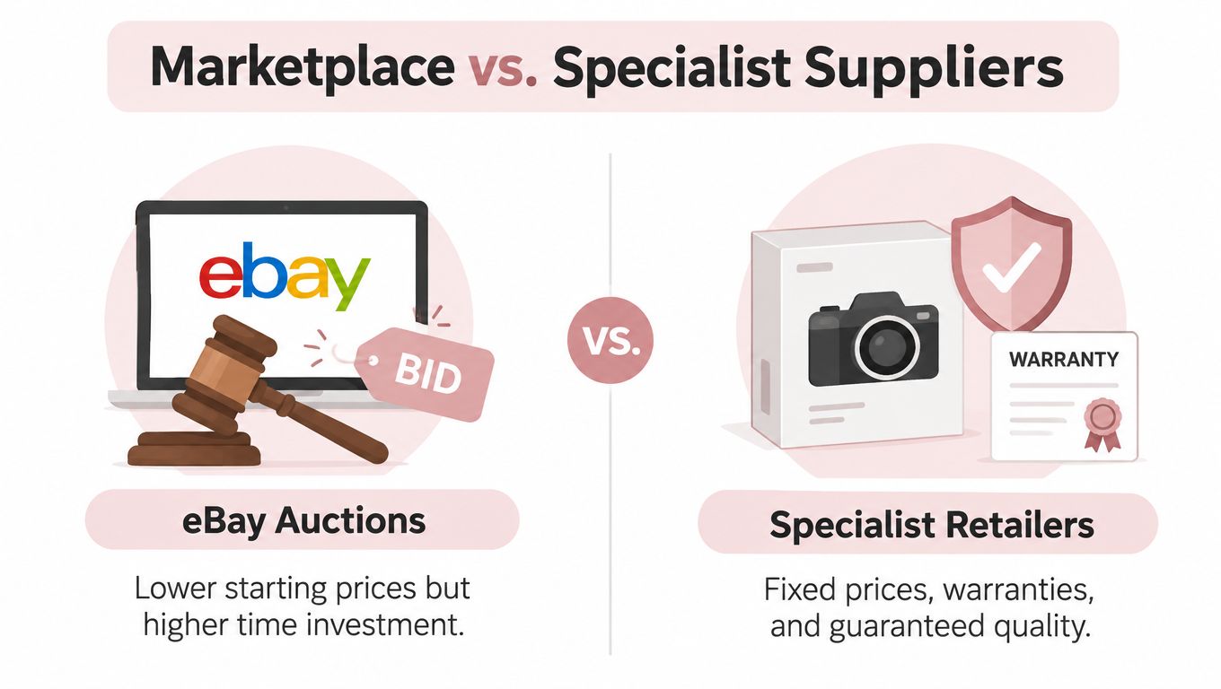 A comparison graphic showing eBay auctions versus specialist retailers, highlighting their differences in pricing, time, and quality.