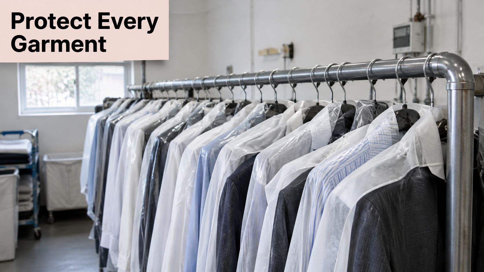A row of dry-cleaned garments covered in protective plastic bags hanging on a metal rack.