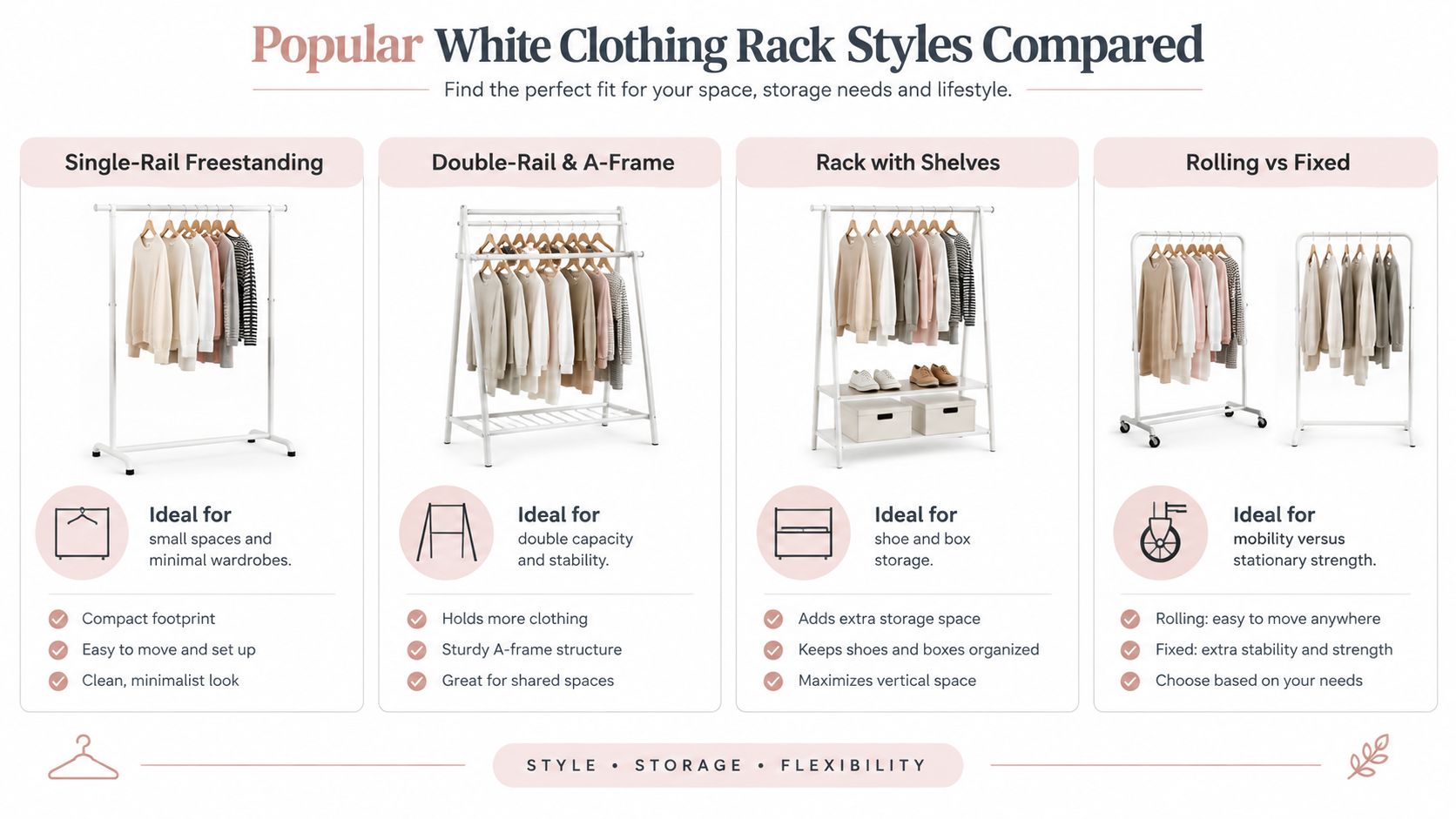 A comparison chart showing four popular white clothing rack styles with their features and ideal uses.