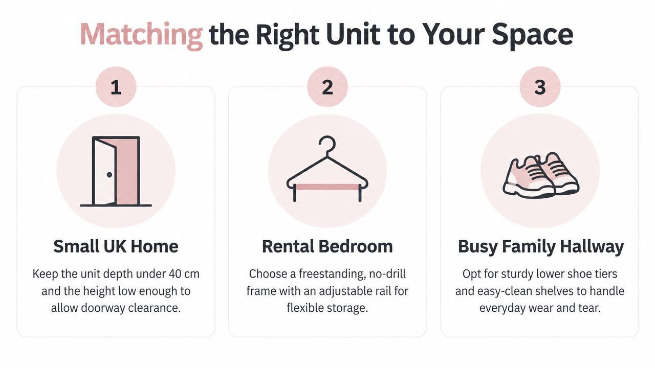 A graphic providing advice on choosing a clothes rail and shoe rack for different home spaces.