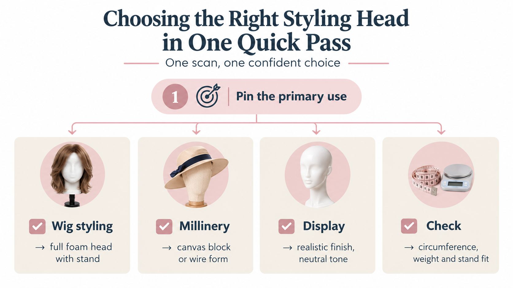 An infographic titled Choosing the Right Styling Head showing four types of mannequin heads for different uses.