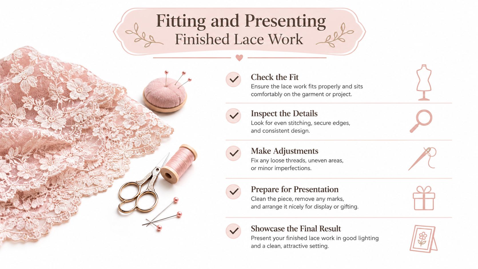 An infographic on a light background showing five steps for fitting and presenting finished lace work.