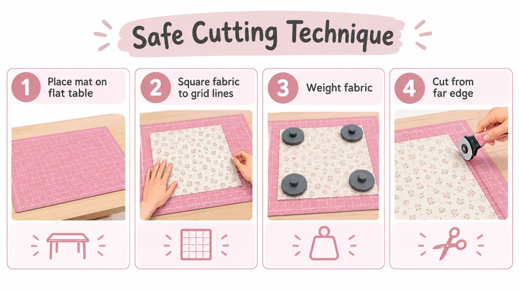 A four-step infographic demonstrating safe fabric cutting technique using a rotary cutter on a grid mat.