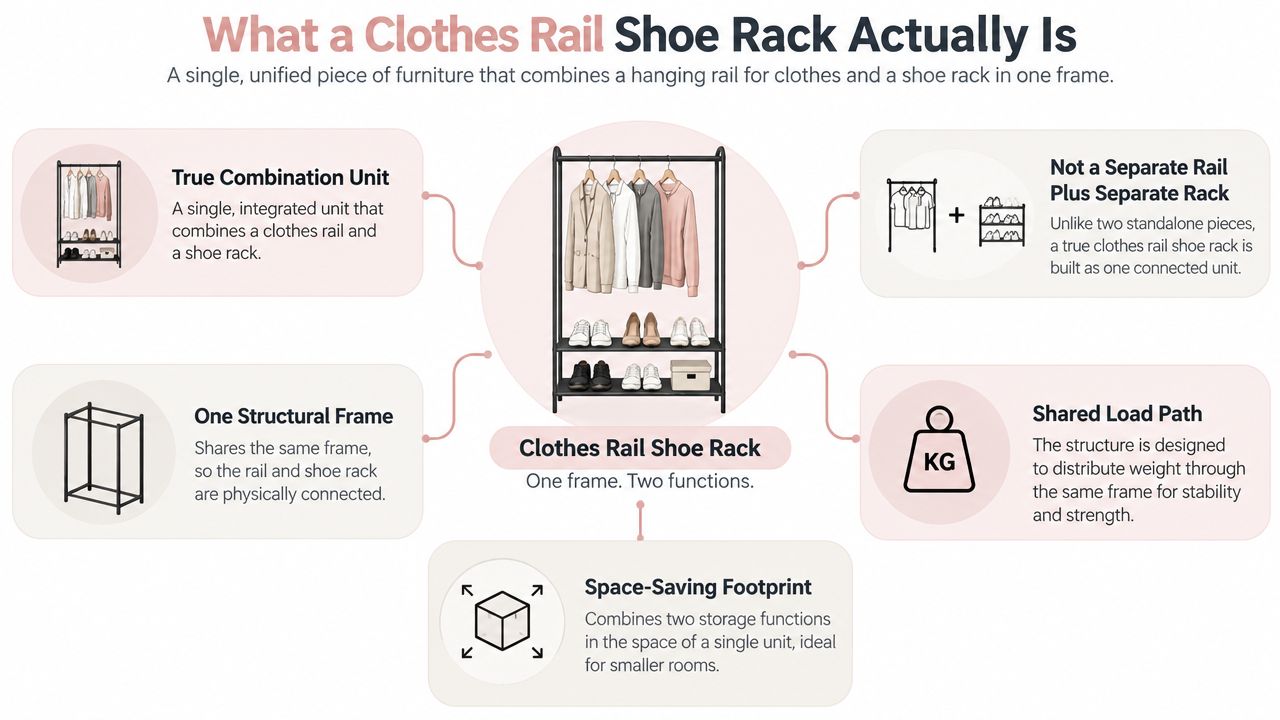 A diagram explaining that a clothes rail shoe rack is one integrated piece of furniture for storage.