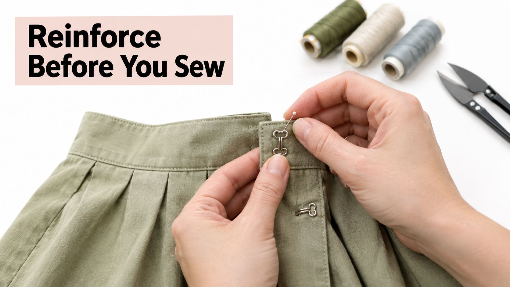 A pair of hands positioning a metal hook and eye closure on a green skirt using a pin.