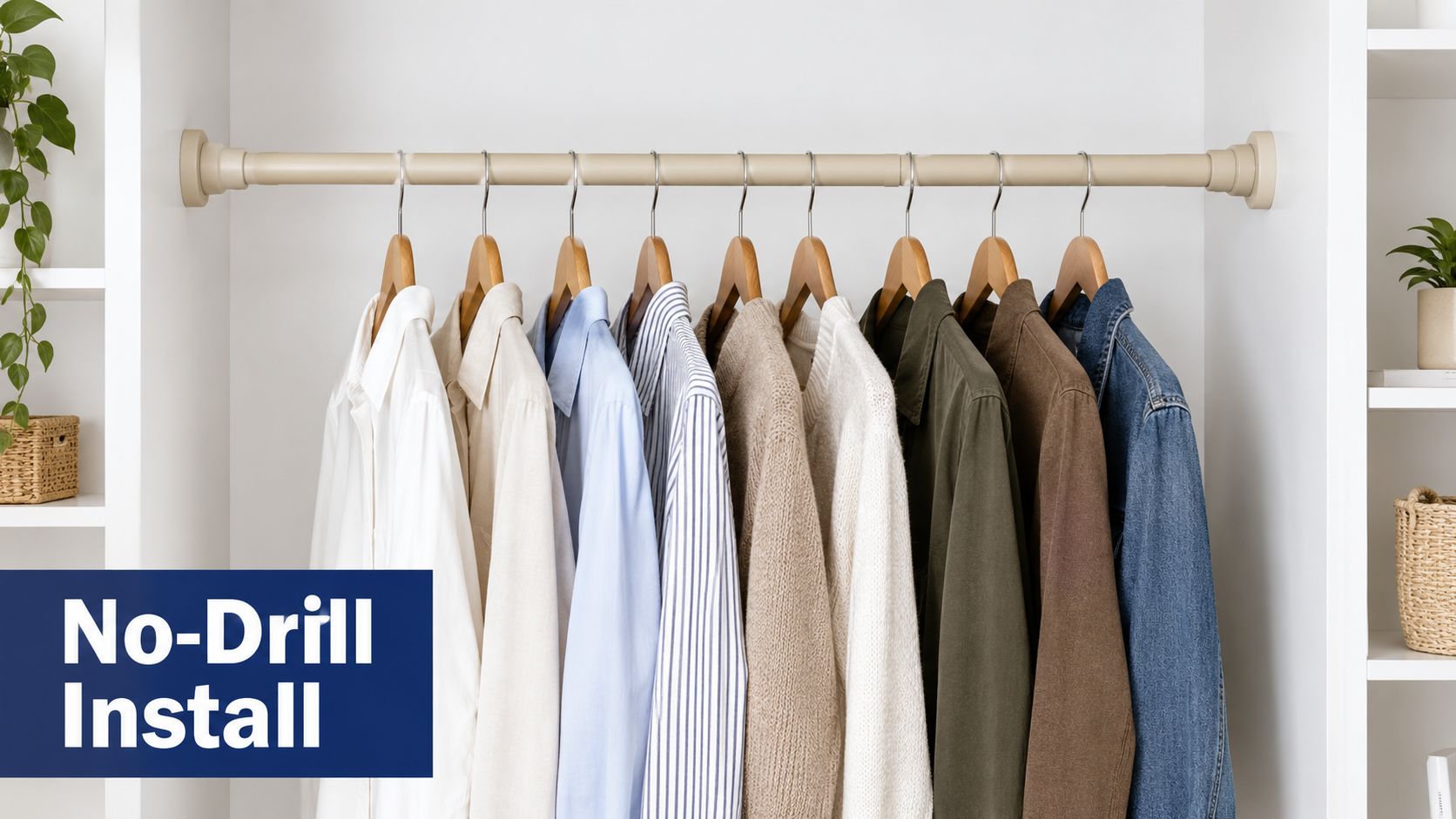 A clothes rod installed inside a white closet without drills, holding various shirts and jackets on hangers.