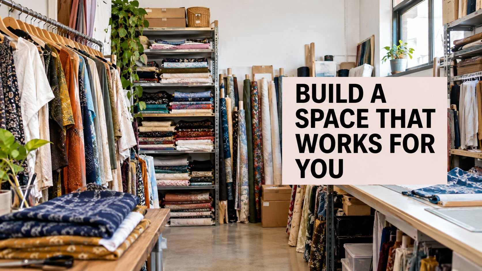 A well-organized fabric workshop featuring hanging garments, rolls of textile fabric, and neatly stacked material on shelves.