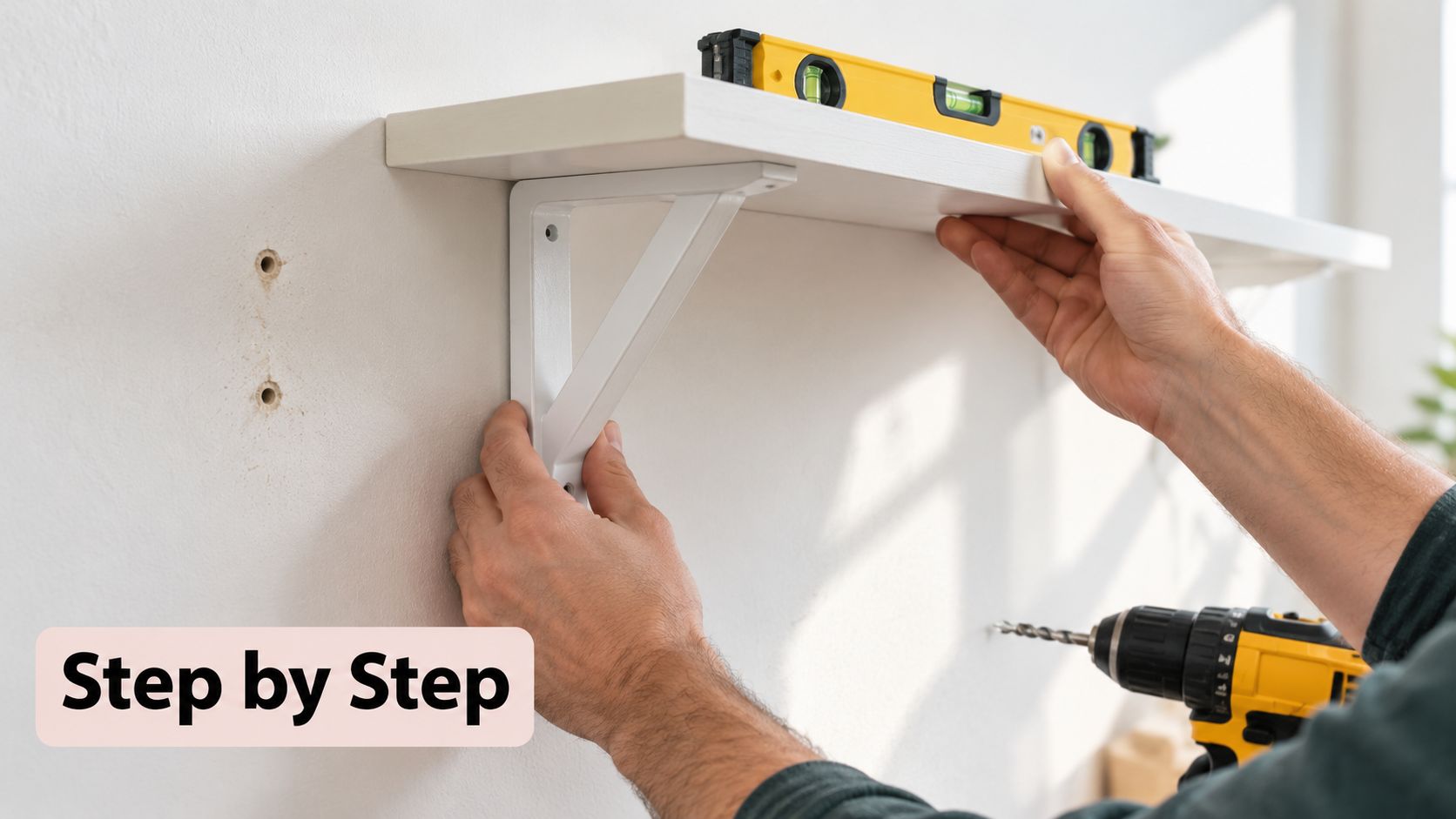 A person installs a white wooden shelf on a wall using a level and power drill.