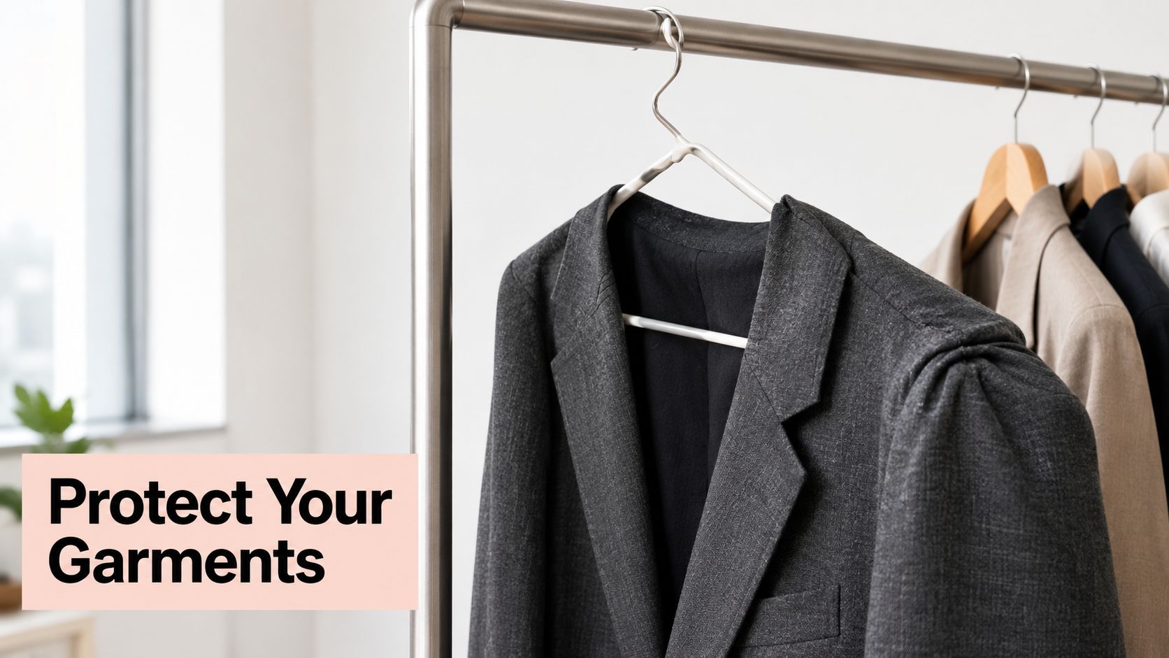 A charcoal grey blazer hanging on a sturdy clothes hanger on a metal garment rack