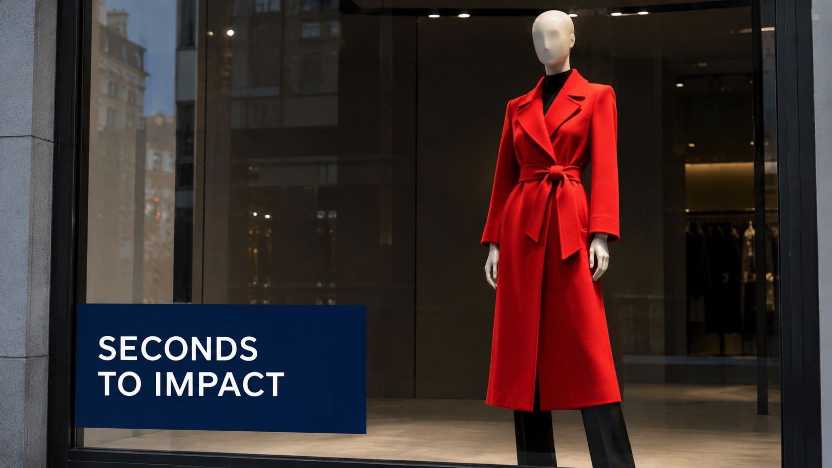 A mannequin wearing a vibrant red belted trench coat inside a luxury store window display.