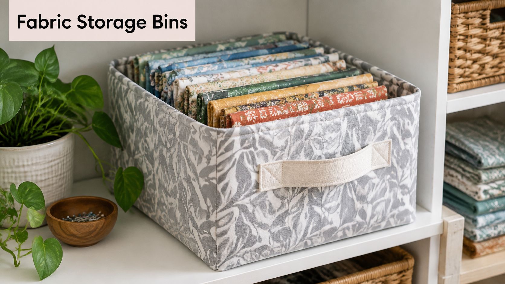 A fabric storage bin filled with folded colorful fabric squares on a white shelf with a plant.