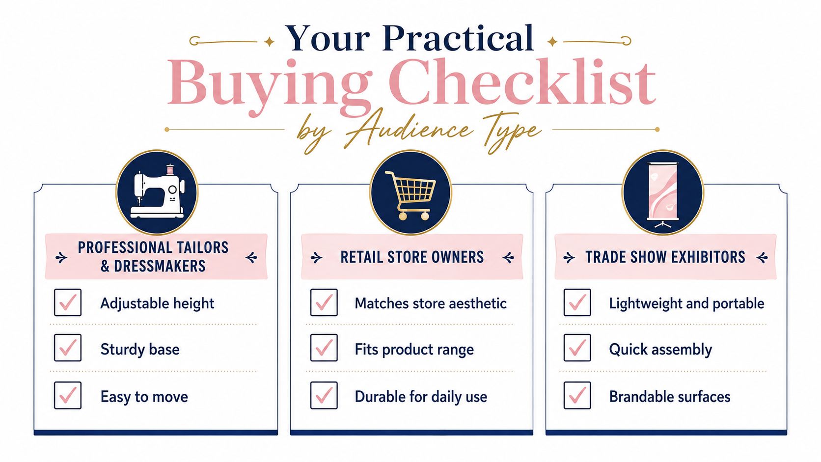 A practical buying checklist infographic categorizing display needs for professional tailors, retail store owners, and trade show exhibitors.