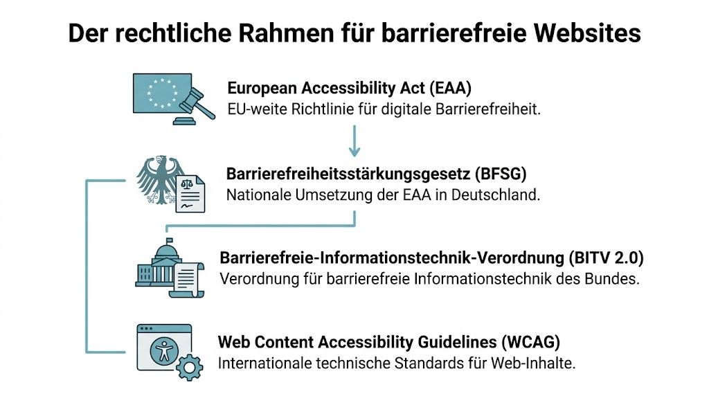 Eine Infografik zum rechtlichen Rahmen für barrierefreie Webseiten, inklusive EAA, BFSG, BITV 2.0 und WCAG.