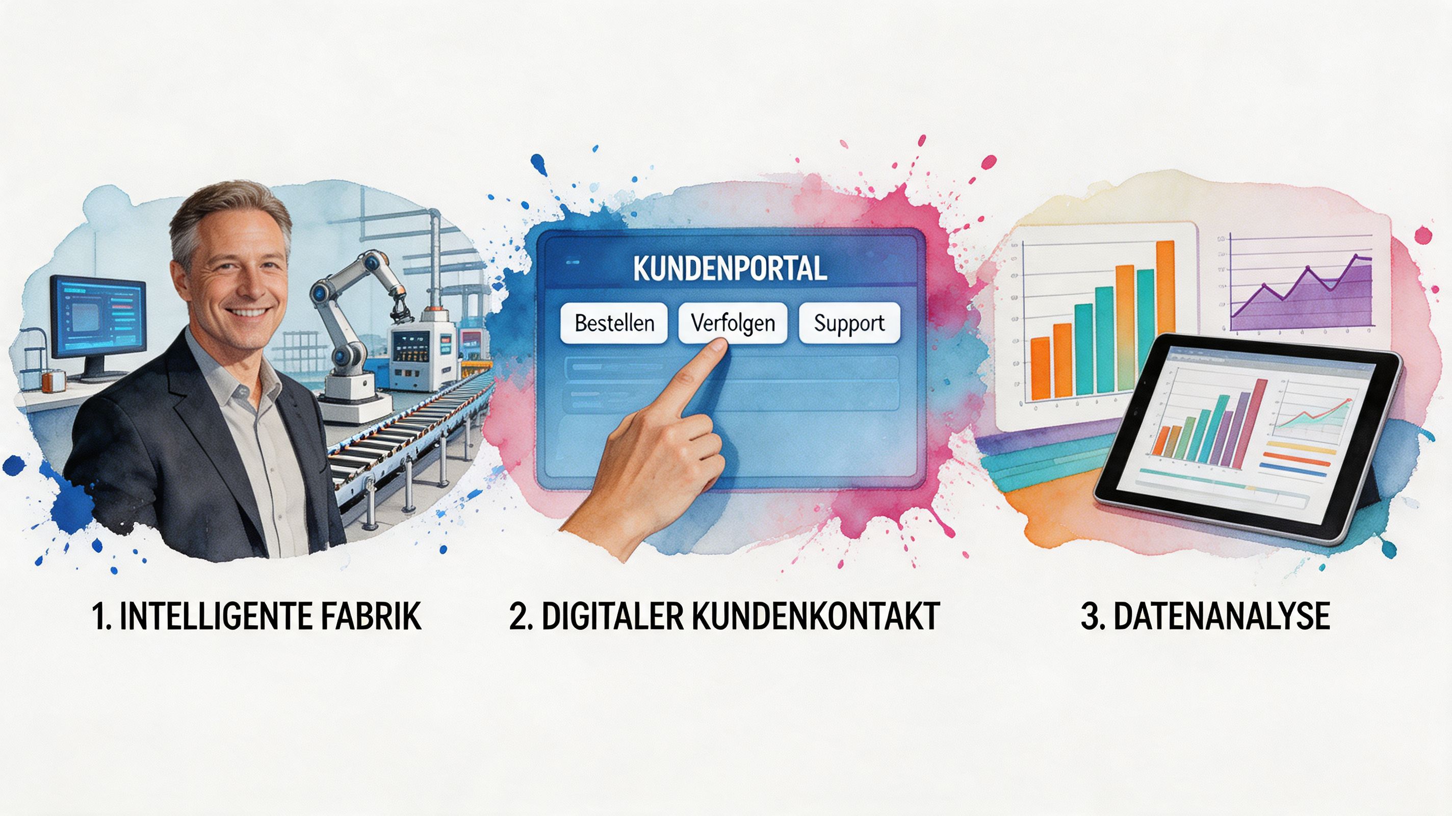 Eine Grafik zeigt die digitale Transformation im Mittelstand durch intelligente Fabriken, digitalen Kundenkontakt und datenbasierte Analysen.