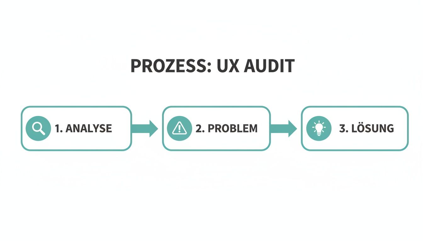 Visualisierung des UX Audit Prozesses mit den Schritten Analyse, Problemidentifikation und Lösungsentwicklung, dargestellt als Flussdiagramm.