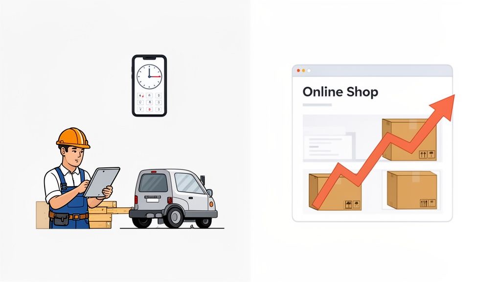 Ein Arbeiter überprüft eine Lieferung mit einem Tablet, während ein Online-Shop-Diagramm Wachstum bei Paketen zeigt.