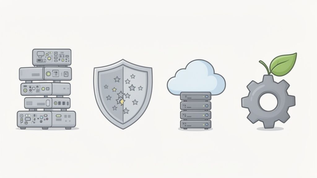 Illustration von Server-Stacks, einem Sicherheitsschild, Cloud-Infrastruktur und einem Zahnrad mit Blatt.