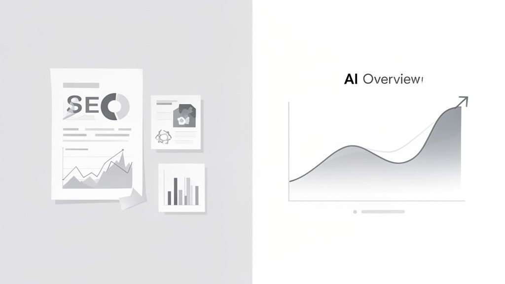 Illustration von SEO-Berichten, Datenanalyse und aufsteigenden KI-Trends, dargestellt in Diagrammen und Grafiken.