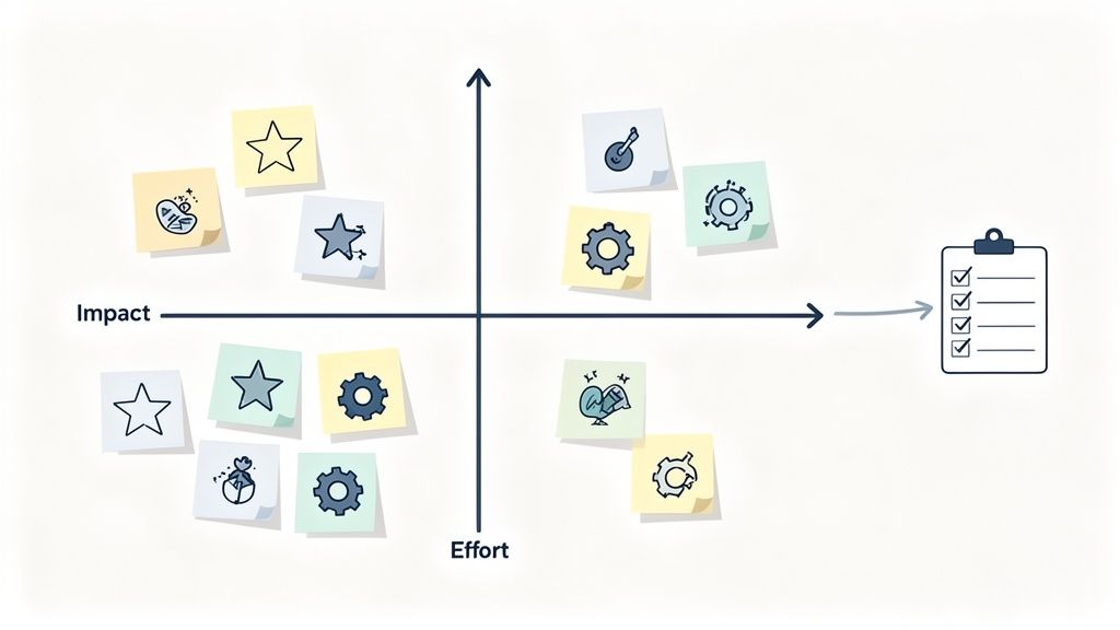 Ein Priorisierungsdiagramm mit Haftnotizen auf einer Impact- vs. Effort-Matrix, die zu einer Checkliste führen.