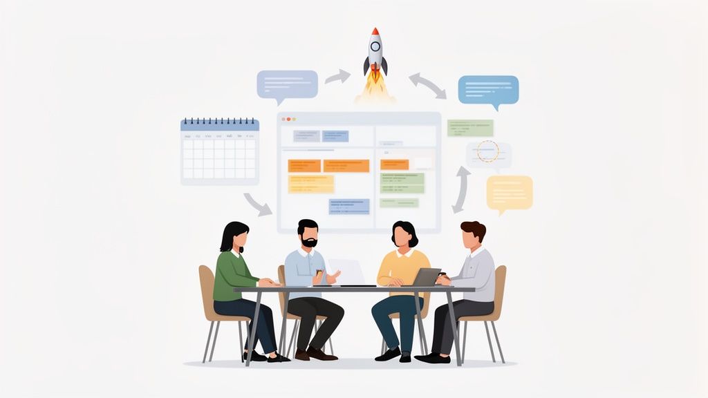 Vier Personen besprechen Software-Projektfortschritte mit Kalender, Aufgaben und Raketensymbolik für erfolgreichen Start.