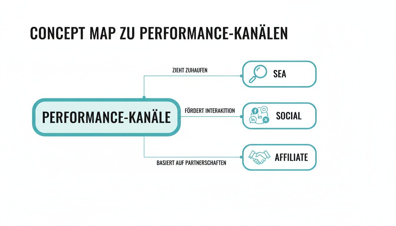 Konzeptkarte zu Performance-Kanälen mit SEA, Social Media und Affiliate als Unterkategorien.