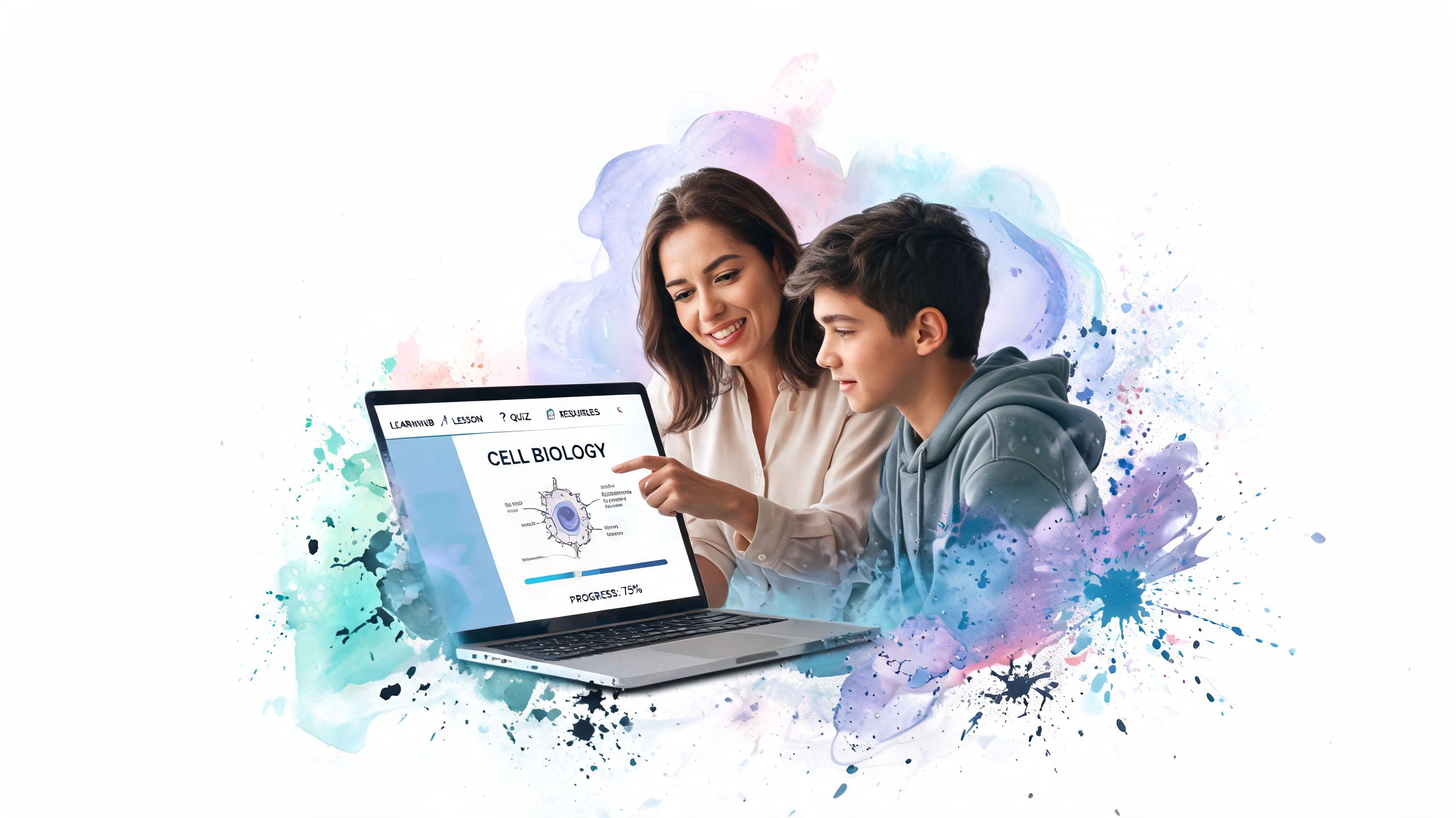 Eine Lehrerin erklärt einem Jungen am Laptop die Grundlagen der Zellbiologie in einer digitalen Lernumgebung.