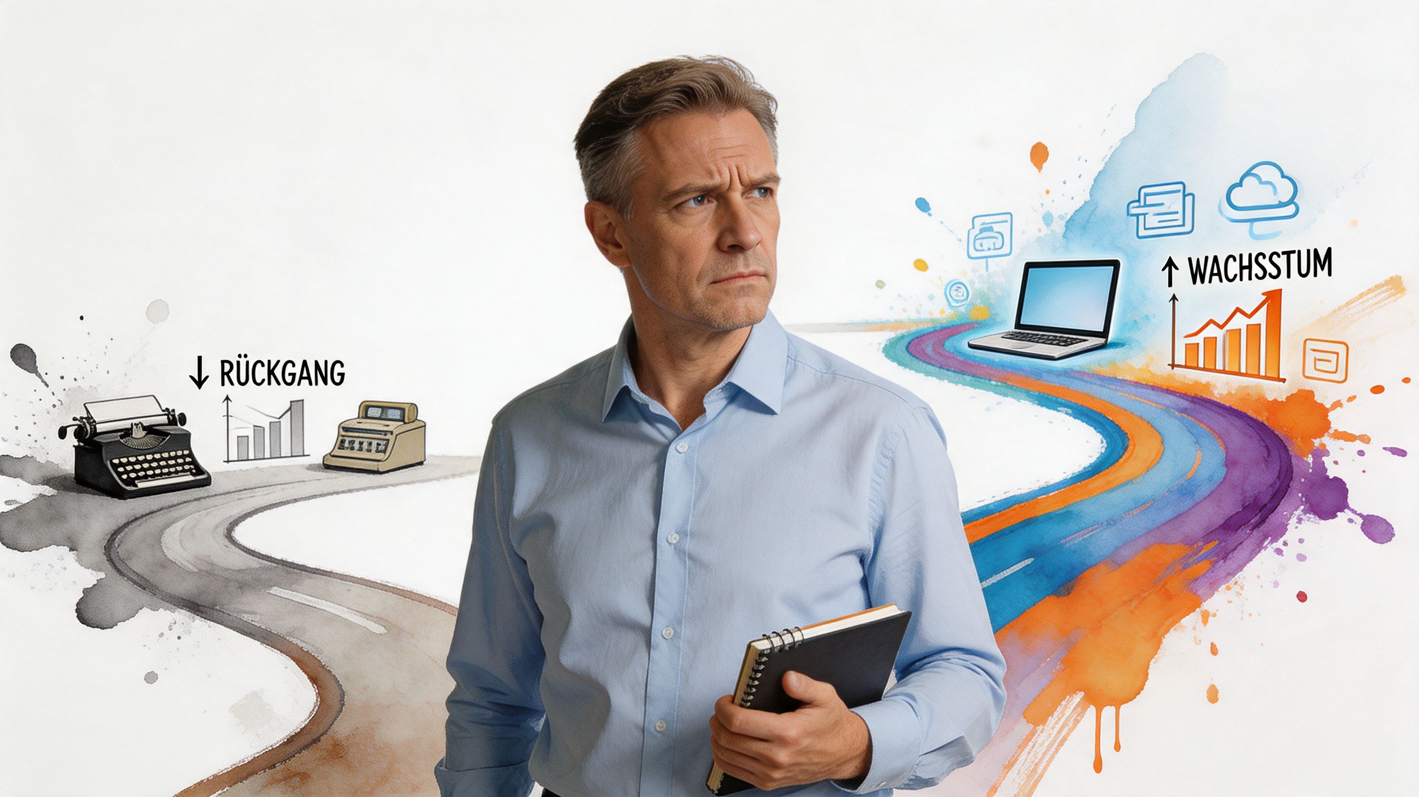 Ein nachdenklicher Geschäftsmann steht zwischen einer analogen Vergangenheit mit Schreibmaschine und einer digitalen, wachstumsorientierten Zukunft.
