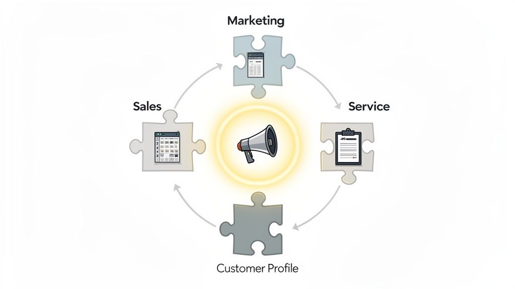 Ein Diagramm zeigt, wie Marketing, Service, Vertrieb und Kundenprofil in einem Kreis verbunden sind, mit einem Megaphon im Zentrum.