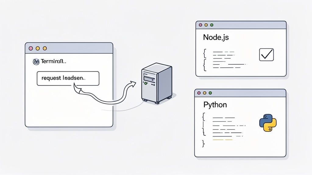 Darstellung eines Servers, der eine Anfrage von einem Terminal empfängt und mit Node.js oder Python verarbeitet.