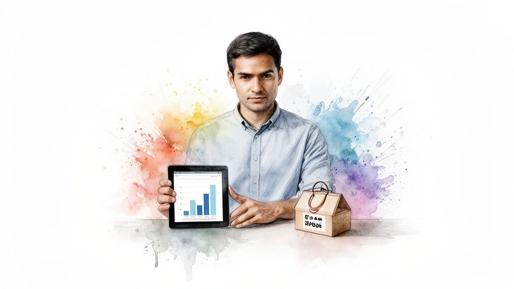 Ein Mann präsentiert auf einem Tablet einen Bar-Chart, daneben steht ein kleines Haus als Symbol für Wachstum.