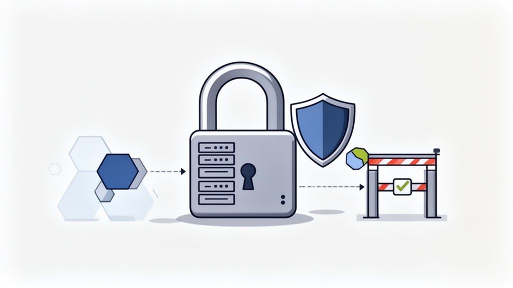 Illustration eines sicheren API-Zugangs mit Verschlüsselung, Datenschutz und erfolgreicher Verifizierung durch eine Schranke.