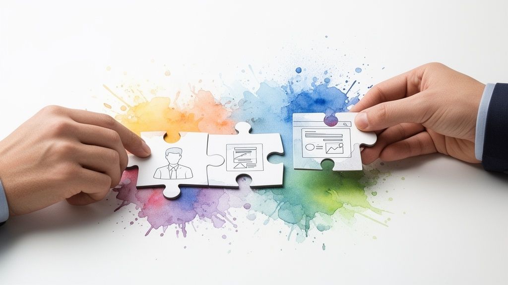 Zwei Hände fügen Puzzleteile mit Person- und Web-Interface-Symbolen zusammen, um eine Strategie zu visualisieren.